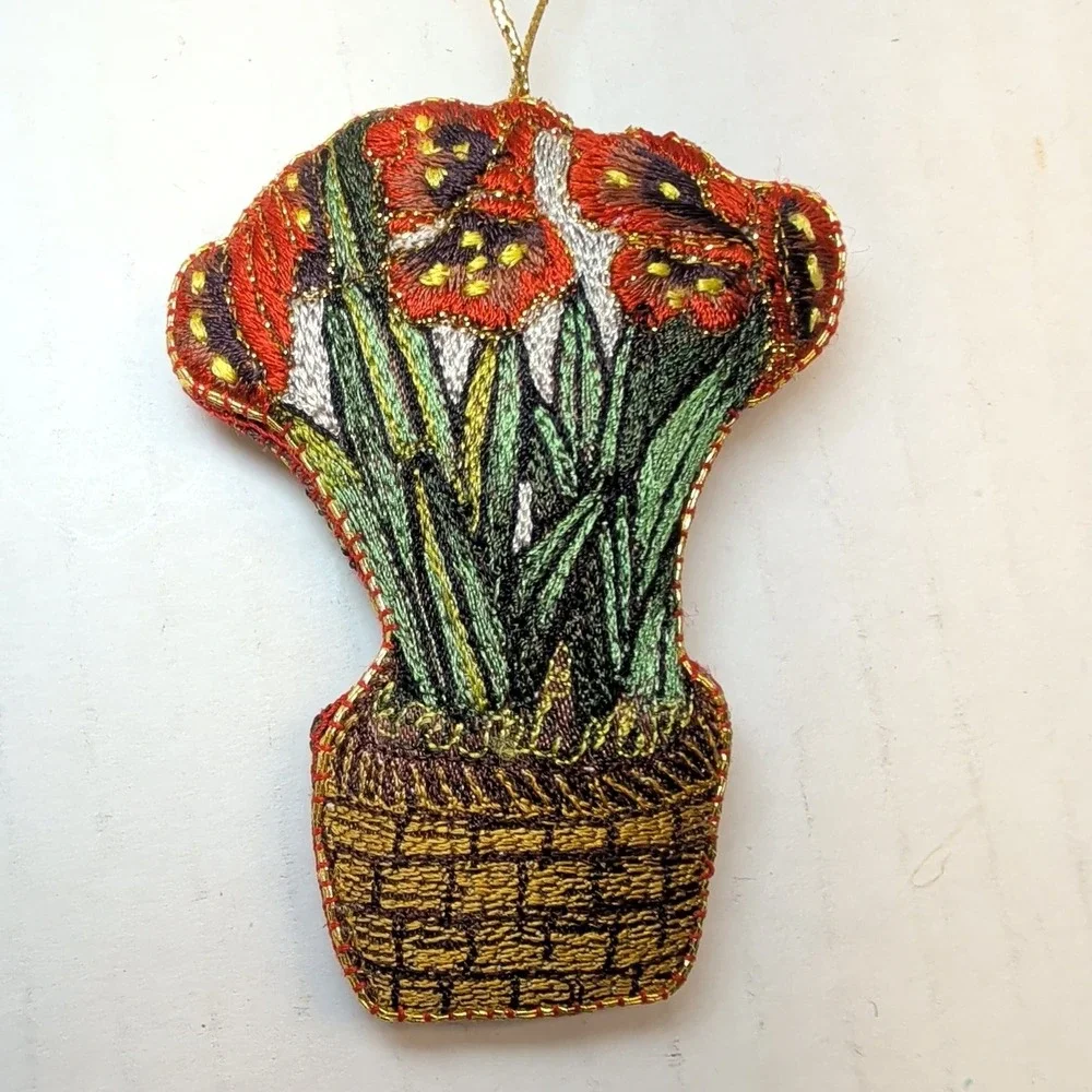 Set of 4 Embroidered Floral Ornaments Sunflower Daffodil Botanical Garden Decor